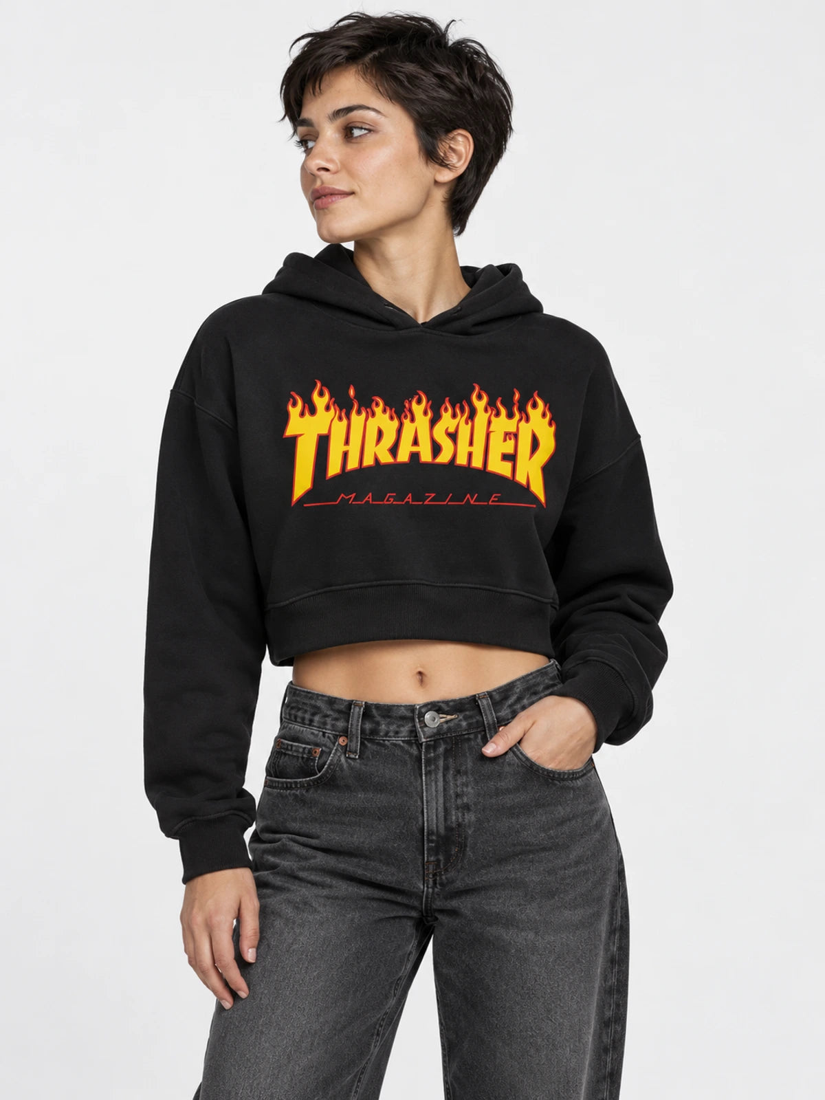 Buzo Thrasher Crop Top Flame Mujer Negro — vista principal