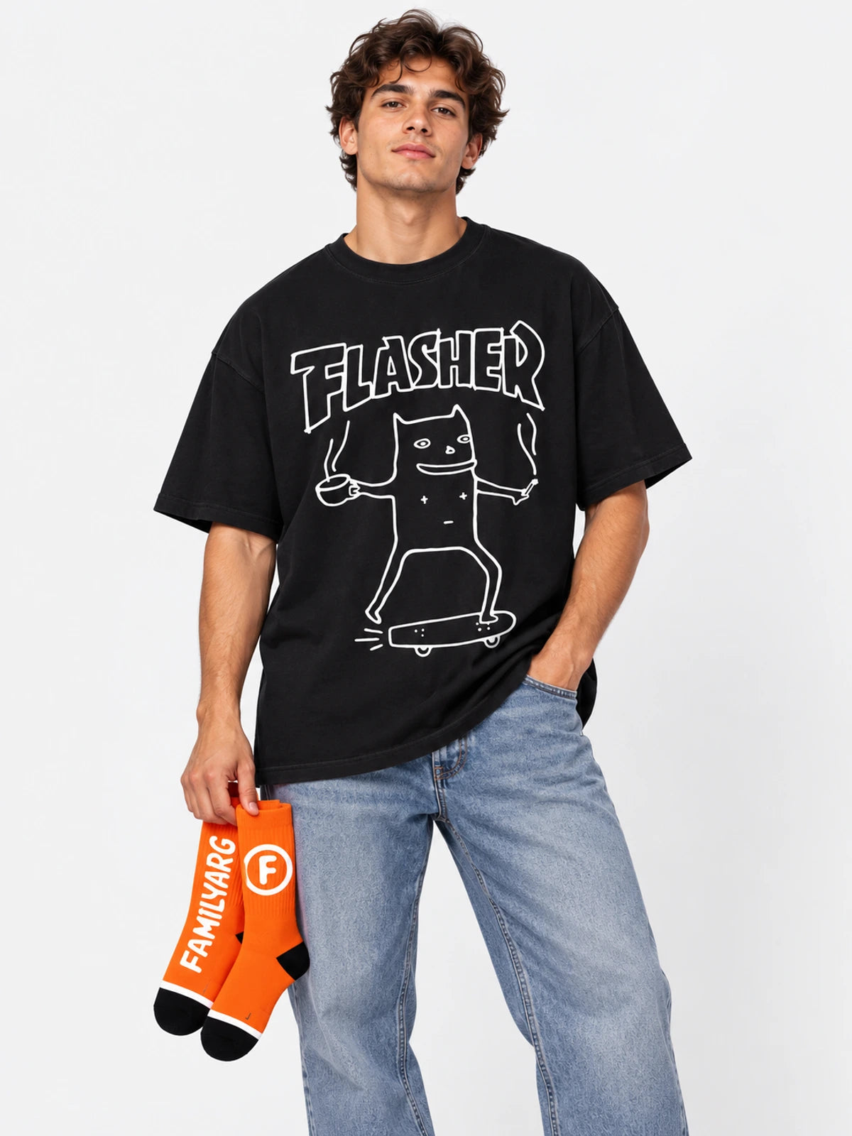 Remera Familyarg Flasher Supersized Negro + Medias Crew Naranja — vista principal