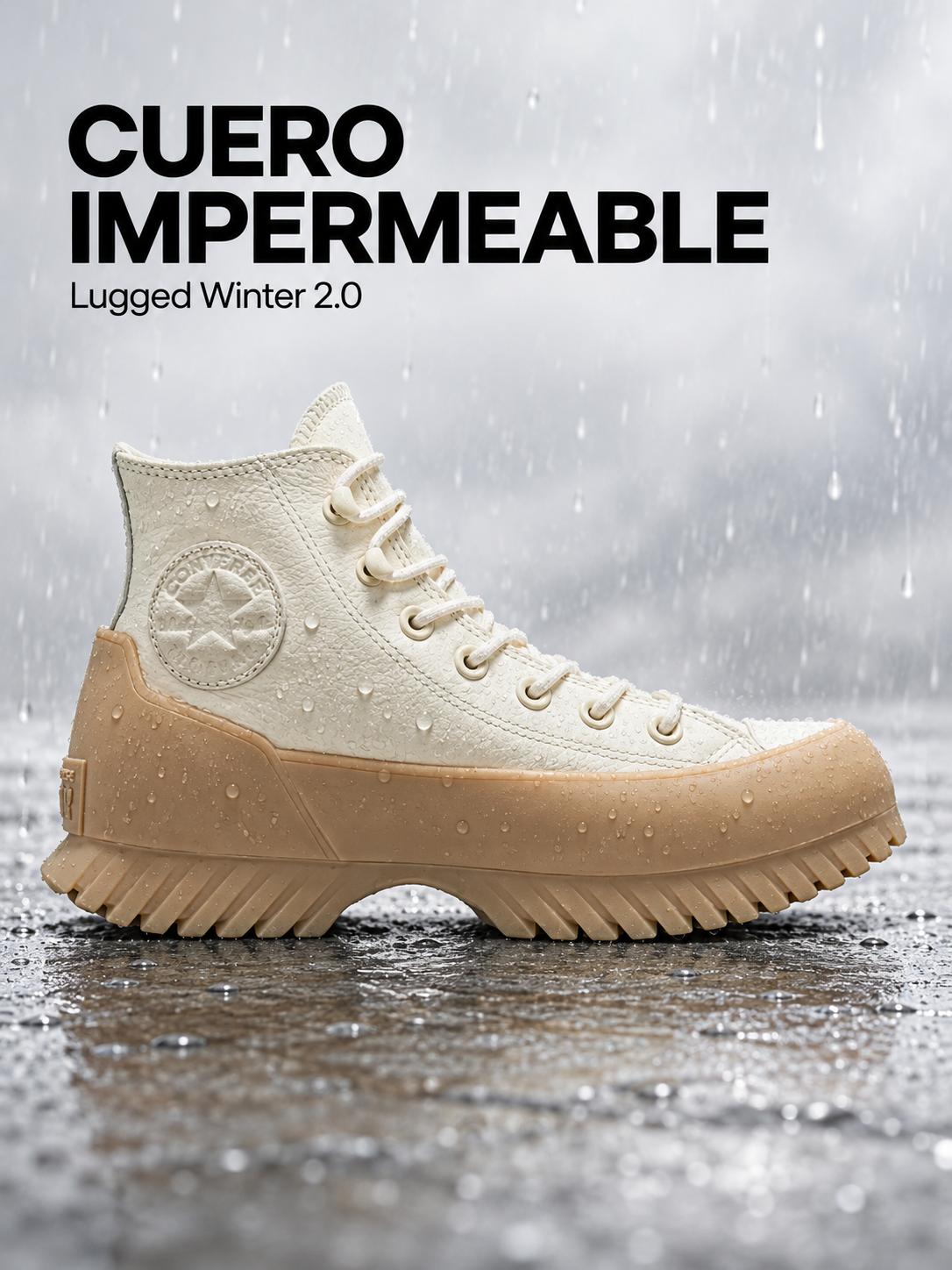 Converse Lugged Winter 2.0 Beige Marrón de cuero impermeable, con gotas de agua.