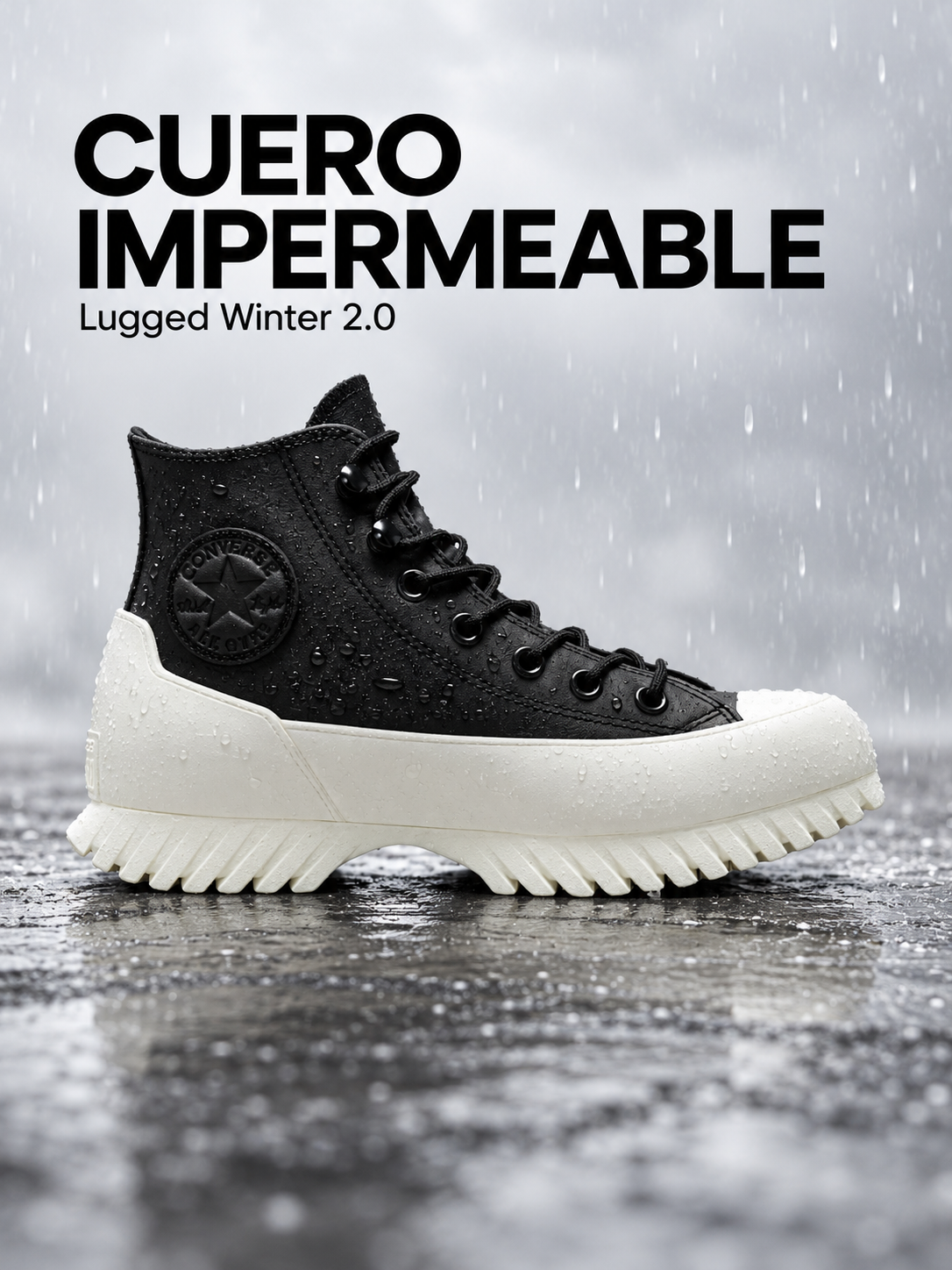 Converse Lugged Winter 2.0 Negro de cuero impermeable, con gotas de agua.