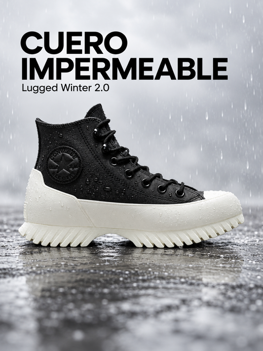 Converse Lugged Winter 2.0 Negro de cuero impermeable, con gotas de agua.