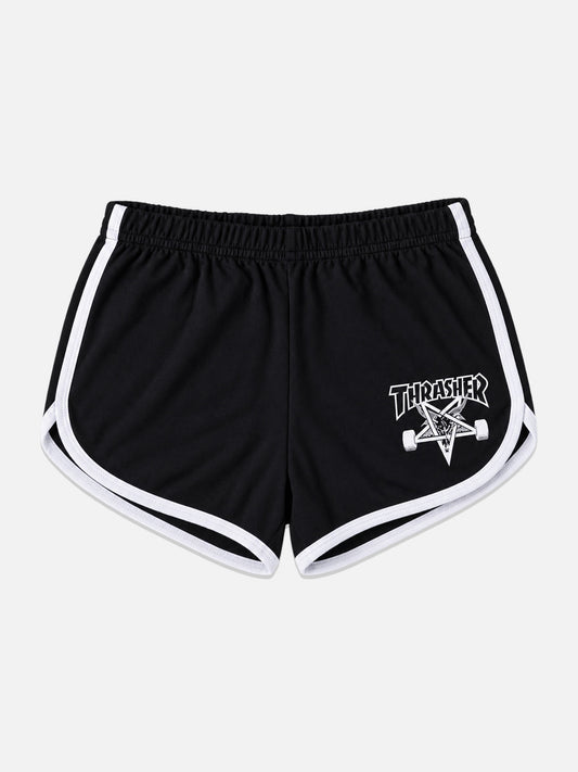 Short Thrasher Skategoat Mujer Negro, vista frontal sobre fondo gris claro